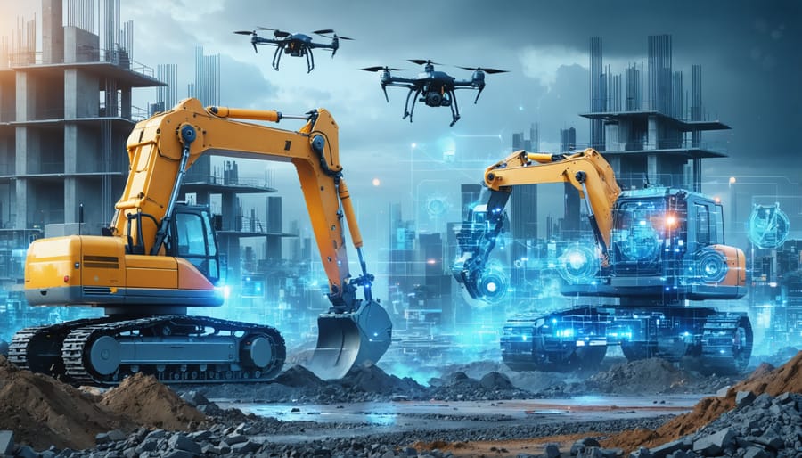 Conceptual illustration of a high-tech construction site featuring autonomous robots and drones, showcasing AI integration and advanced robotics in building processes.