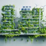 Illustration of a futuristic cityscape showcasing green building innovations, including solar panel facades, vertical gardens, wind turbines, and self-healing materials, representing the transformation of construction towards sustainability.