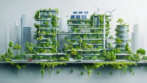 Illustration of a futuristic cityscape showcasing green building innovations, including solar panel facades, vertical gardens, wind turbines, and self-healing materials, representing the transformation of construction towards sustainability.