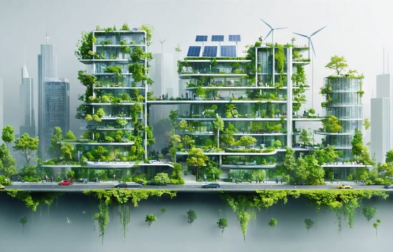 Illustration of a futuristic cityscape showcasing green building innovations, including solar panel facades, vertical gardens, wind turbines, and self-healing materials, representing the transformation of construction towards sustainability.