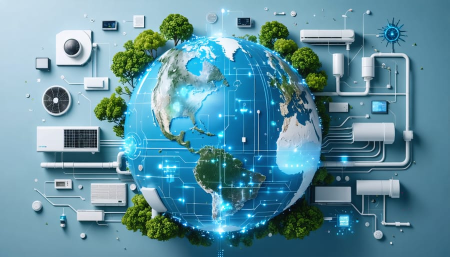Conceptual illustration of a globe connected with HVAC components, symbolizing international collaboration and innovation in the HVAC industry, with elements of sustainability and technology integration.