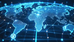 Conceptual illustration of a digital network connecting global property management operations, featuring a holographic Earth with interlinked major cities and data analytics symbols.