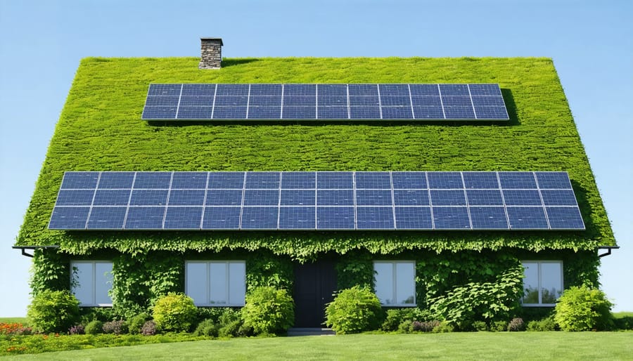 Sustainable construction site with visible green technologies and financing overlay graphics