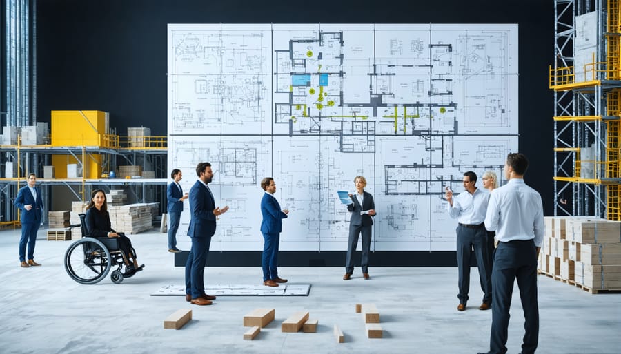 A group of diverse construction professionals reviewing inclusive blueprints on a digital screen, surrounded by high-contrast wayfinding signs and tactile models, depicting an inclusive and accessible construction project in progress.