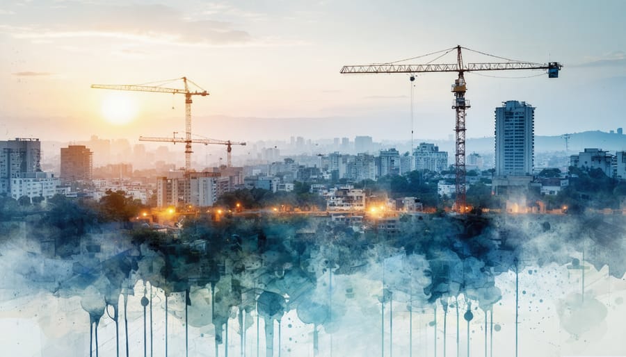 Aerial view of a vibrant urban skyline in Mumbai, showcasing ongoing construction projects and modern high-rise buildings symbolizing the growth and transformation of India's real estate market.