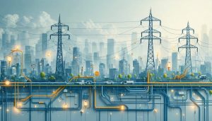 An intricate illustration depicting interconnected utility infrastructure with power lines, water pipes, data cables, and gas pipelines woven beneath a modern cityscape, emphasizing their foundational role in urban construction.
