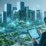 Conceptual illustration of a futuristic cityscape with interconnected buildings featuring smart systems and greenery, demonstrating sustainable partnerships and digital technology integration.