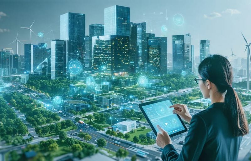 Conceptual illustration of a futuristic cityscape with interconnected buildings featuring smart systems and greenery, demonstrating sustainable partnerships and digital technology integration.
