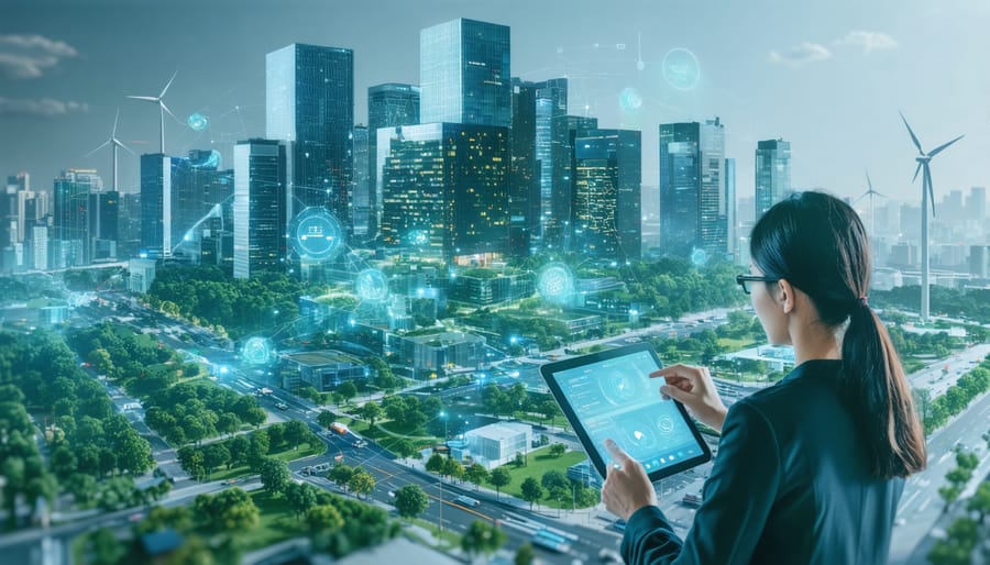 Conceptual illustration of a futuristic cityscape with interconnected buildings featuring smart systems and greenery, demonstrating sustainable partnerships and digital technology integration.