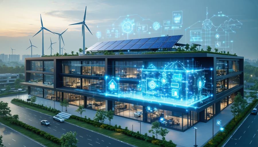 A modern commercial building illustrating a microgrid system with solar panels, wind turbines, and smart energy management technology connected to advanced storage solutions, symbolizing energy independence and efficiency.