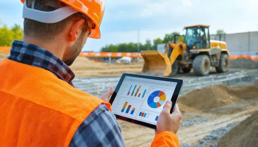 Construction professional reviewing digital plans on a tablet while on-site