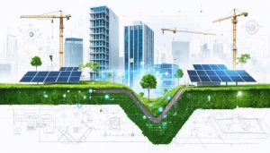 A conceptual image illustrating the fusion of digital transformation and sustainable practices in the construction industry, showing a digital blueprint connecting with eco-friendly building elements like solar panels and green roofs.