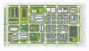 Aerial view of a modern industrial park with distinct zoning areas, green buffer zones, and mixed-use buildings, illustrating the integration of sustainable and smart growth principles in urban development.