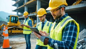 Construction workers in safety gear using digital tablets and wearing smart helmets and vests at a construction site, illustrating the integration of technology in enhancing workplace safety compliance.