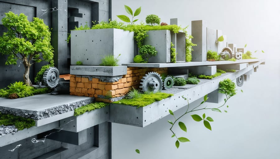 Conceptual image illustrating the transformation of traditional building materials into advanced composites and smart materials, highlighting sustainability and technological progress in construction.