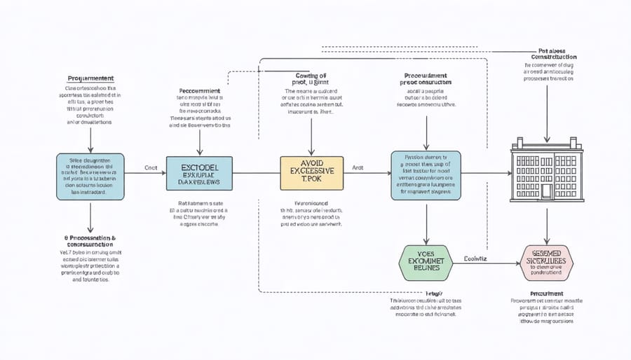 Visual flowchart illustrating the seven steps of construction procurement process from need assessment to continuous improvement