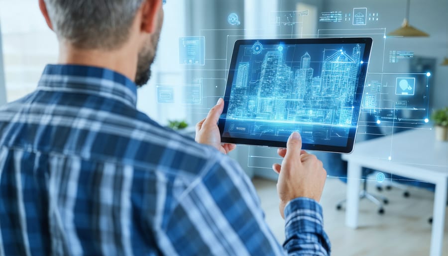 Property professional using AR technology during building maintenance inspection