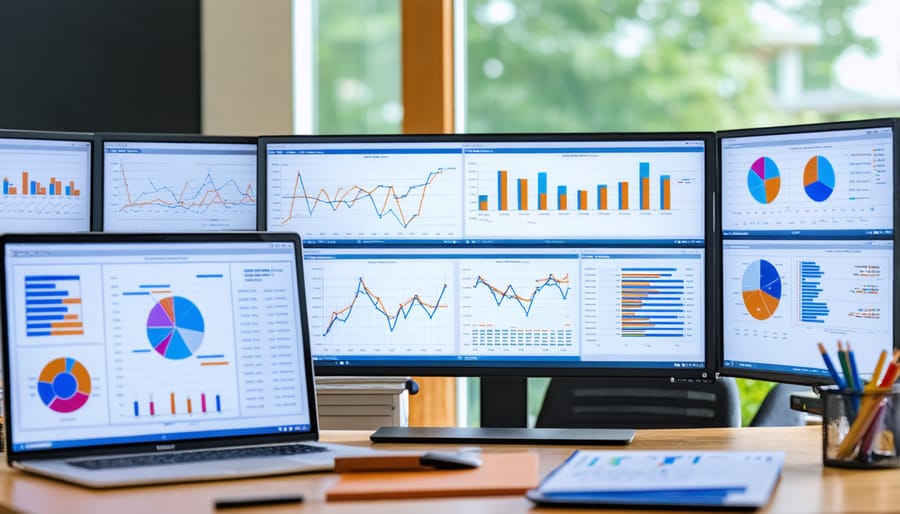 Property manager analyzing financial data and performance metrics on computer screens