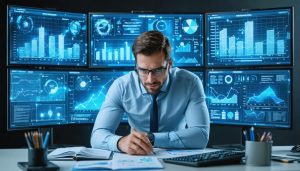 A property manager analyzing diverse real estate data and performance metrics on multiple computer screens, with visualizations of buildings, financial trends, and smart building technologies in the background.