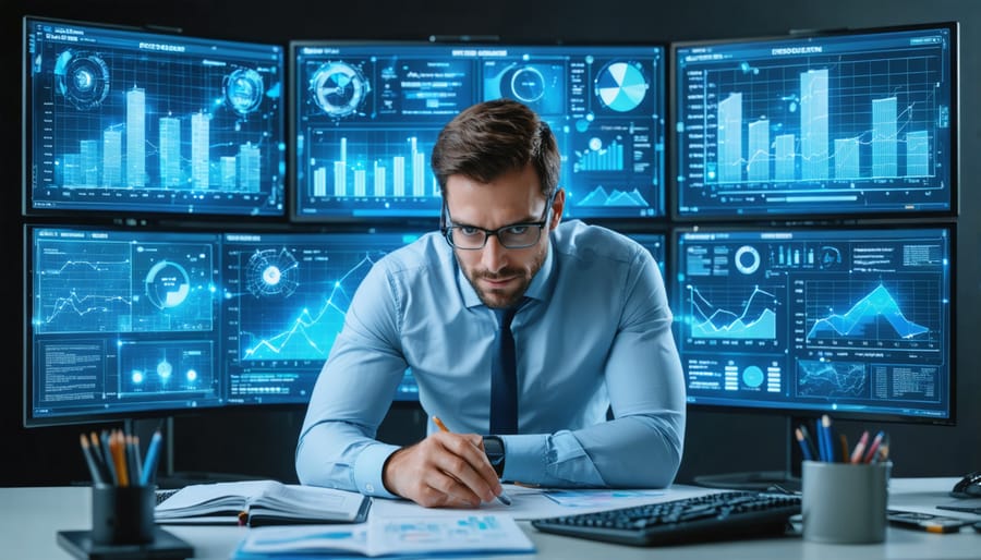 A property manager analyzing diverse real estate data and performance metrics on multiple computer screens, with visualizations of buildings, financial trends, and smart building technologies in the background.