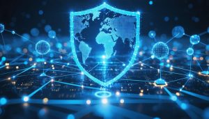 Conceptual image depicting quantum encryption protecting global digital infrastructure, with interconnected nodes and a shield-like quantum wave overlay.
