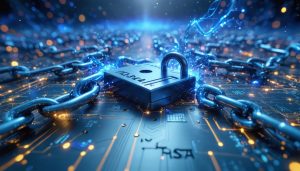 Conceptual visualization of quantum computing disrupting traditional cryptographic defenses with visual elements representing quantum waves breaking through an RSA key.