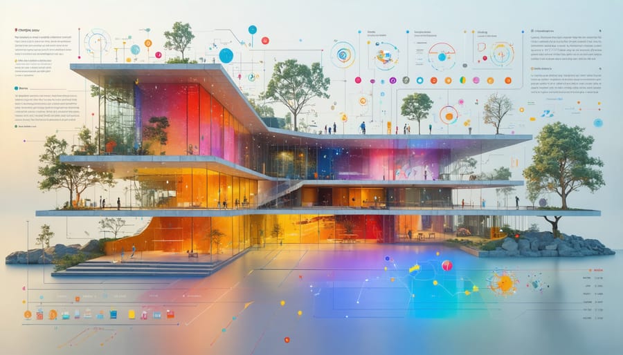 A conceptual image depicting a modern building infused with sensory data, alongside representations of the five human senses, illustrating the impact of sensory design in architecture.