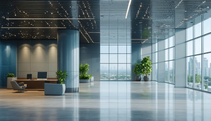 Contemporary office space featuring natural lighting, acoustic panels, and tactile materials