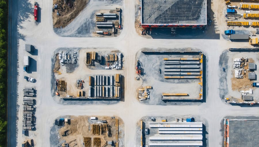 Organized construction site layout with clearly marked material storage areas