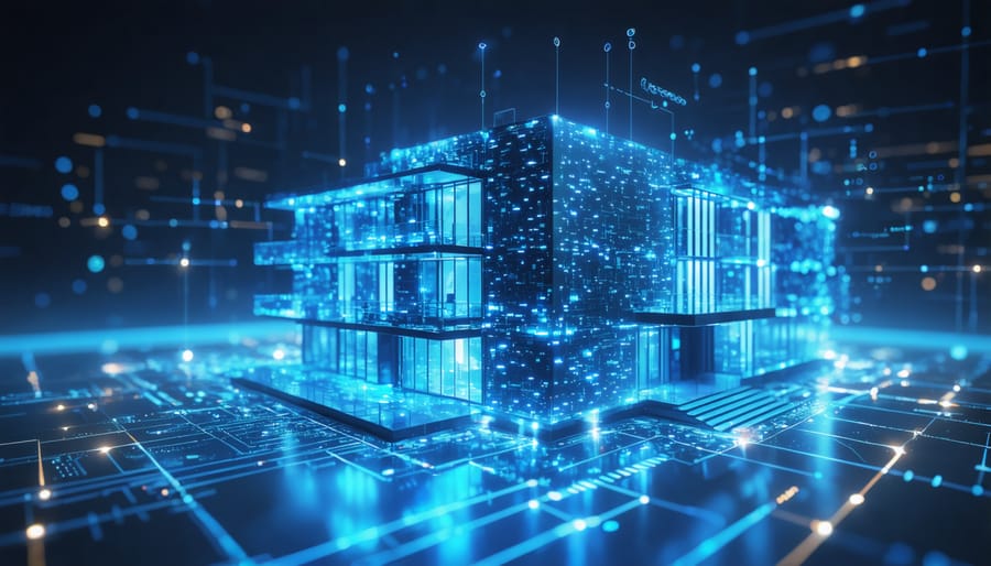 A futuristic smart building with digital blue light and overlaying digital circuitry patterns symbolizing cybersecurity protection.
