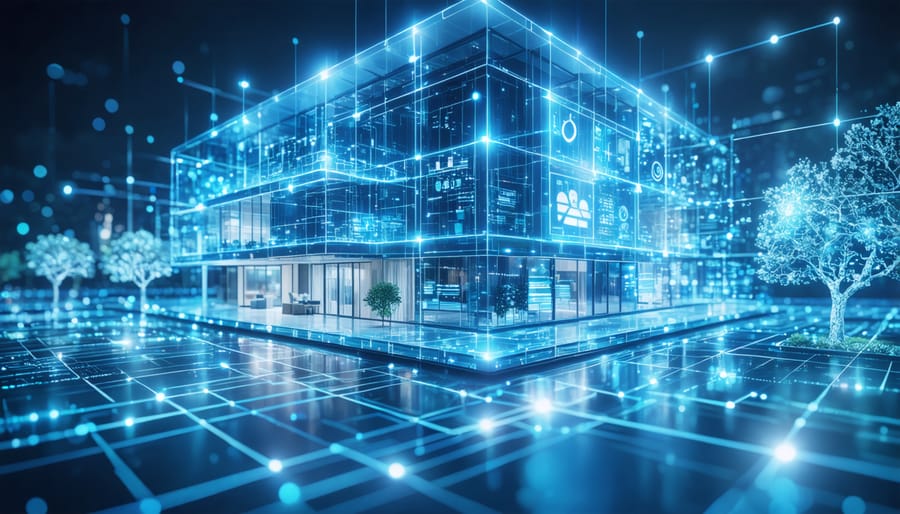 Futuristic smart building with integrated IoT technology, highlighted by connected sensors and a digital interface showing performance metrics like energy savings and climate control.