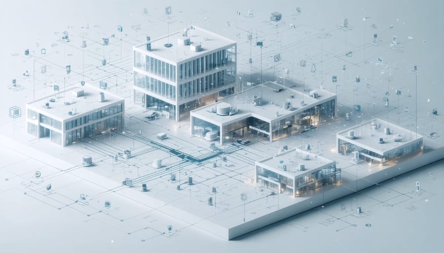 3D diagram showing interconnected sensors and IoT devices throughout a smart building