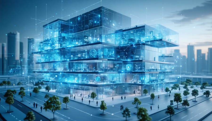 A 3D illustration of a smart building highlighting IoT sensors, AI systems, and interconnected structures with dynamic data flow lines.