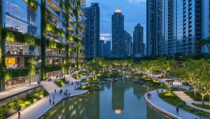Dusk view of a futuristic city with eco-friendly skyscrapers sporting green roofs, surrounded by a multifunctional water square, illustrating climate resilience and smart urban planning.