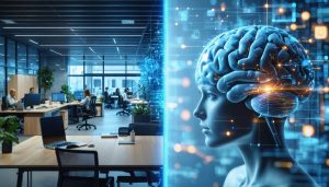 Split-screen image of a modern, smart office space with advanced lighting and collaborative areas next to a digital display showing brain activity patterns and neural connections.