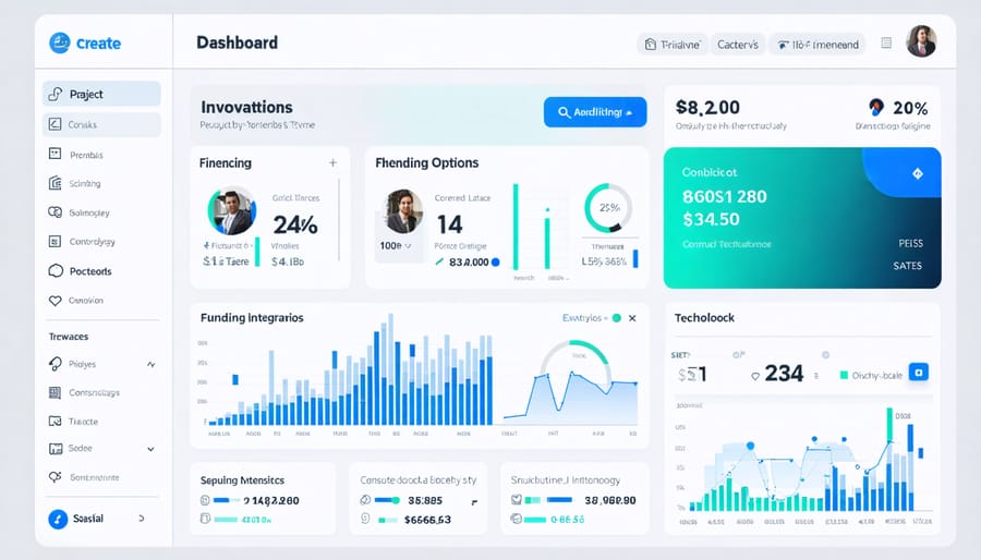 Modern digital dashboard interface showcasing real-time construction project financing metrics, funding options, and technological integration, illustrating the innovation and efficiency in modern construction finance.