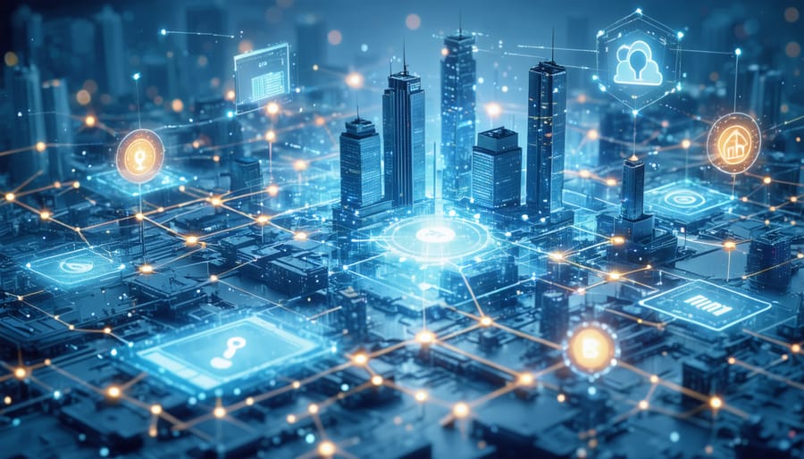 3D illustration depicting interconnected construction financial management systems, with symbols representing budgeting, risk assessment, and cash flow management.