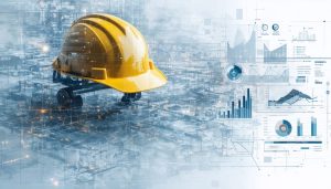 A digital collage showcasing elements of construction financial management, including blueprints, digital dashboards, and cash flow diagrams, symbolizing the intersection of traditional principles and modern technology in risk management.