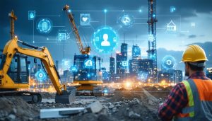 "A creative depiction of a construction site overlaid with digital elements, showcasing a smart procurement process flowchart connecting various digital procurement tools and steps."