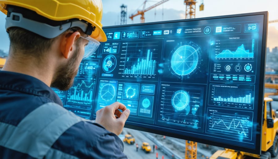 Construction project manager analyzing real-time construction cost data on a digital interface with a construction site in the background, highlighting the integration of technology and cost management.