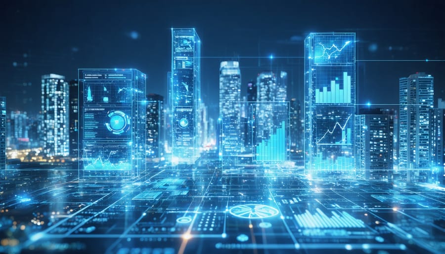 Conceptual visualization of a futuristic city with buildings displaying digital data overlays and analytics, illustrating the integration of smart data analytics in property management.