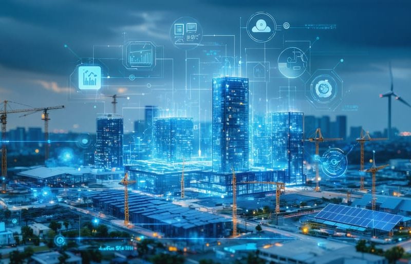 Conceptual illustration of a modern construction site with smart energy optimization systems, highlighting interconnected sensors, adaptive façades, and renewable energy sources.
