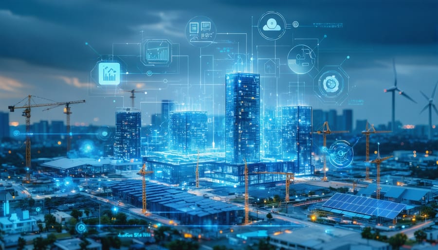 Conceptual illustration of a modern construction site with smart energy optimization systems, highlighting interconnected sensors, adaptive façades, and renewable energy sources.