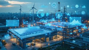 A dynamic visual of a construction site with integrated renewable energy sources and digital energy management displays, exemplifying cutting-edge sustainable construction practices.