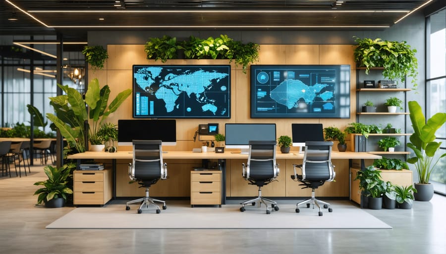 Modern office space featuring ergonomic adjustable furniture made from sustainable materials, with biophilic design elements like plants and natural light, reflecting advanced smart technology integration for enhanced productivity and well-being.
