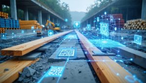 Conceptual artwork of a construction site with digital networks and IoT symbols representing advanced material management systems.