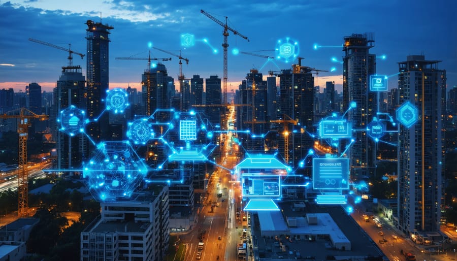 A futuristic cityscape showcasing construction sites with digital overlays of blockchain transactions and smart contracts, symbolizing innovative financial solutions in the construction industry.