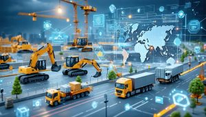 A conceptual illustration of a digital dashboard with real-time data analysis and interconnected construction sites, showcasing smart supply chain transformation in sustainable construction.
