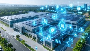 Conceptual illustration of a smart manufacturing facility integrating renewable energy and digital monitoring systems for carbon reduction.