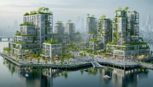 "Innovative urban redevelopment transforming an industrial area into a thriving mixed-use district with high-rise buildings, green infrastructure, and vibrant public spaces."